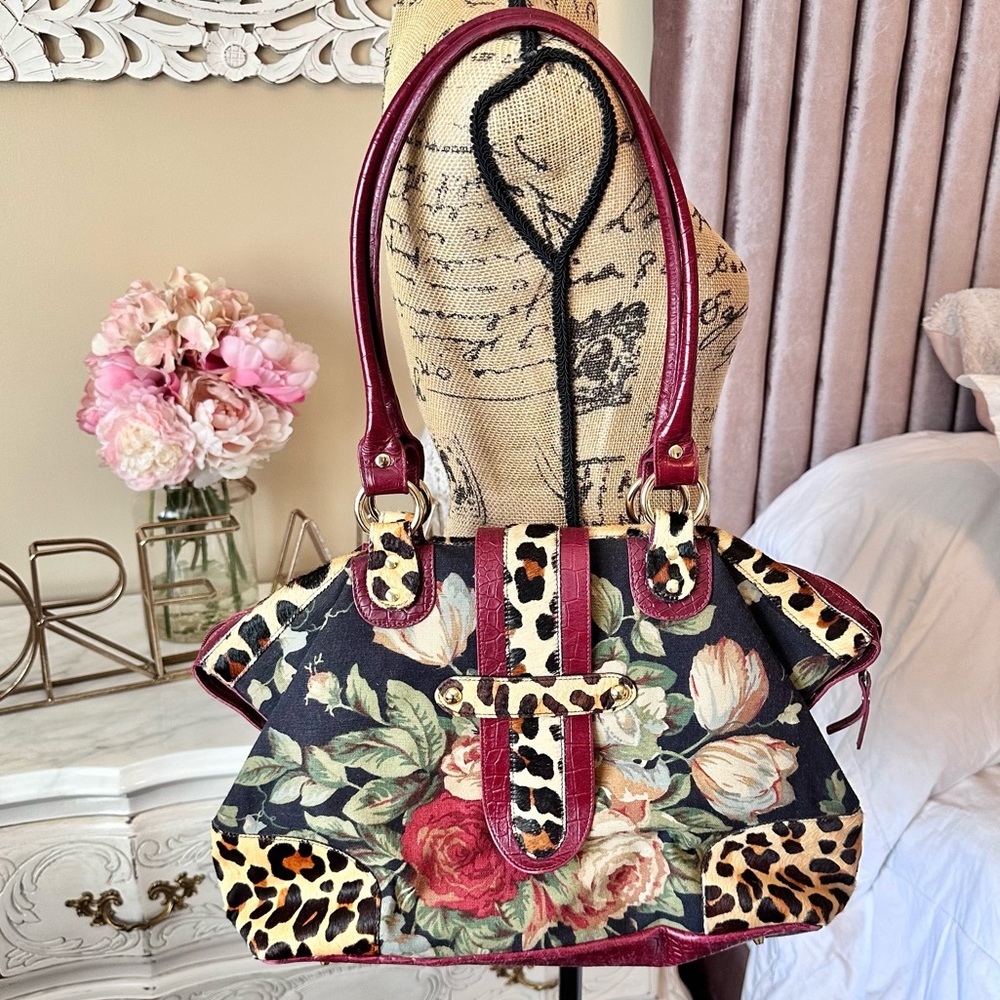 VINTAGE RARE CLEVER CARRIAGE COMPANY CANVAS LEATHER FLORAL SATCHEL BAG LARGE